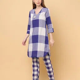 aayusika V-Neck Checked Regular Pure Cotton Straight Kurta with Trousers image 4