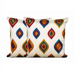 Vinayaka Fab Cream-Coloured & Blue 2 Pieces Geometric Embroidered Square Cushion Covers image 5