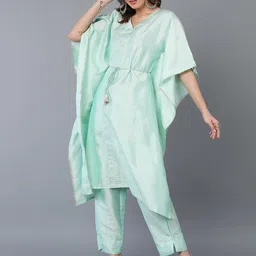 AHIKA Turquoise Blue Floral Printed V-Neck Flared Sleeves Kaftan Kurta With Trousers image 3