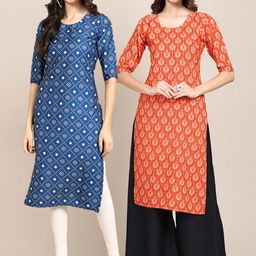7threads KALINI Pack Of 2 Women Blue & Orange Printed Straight Crepe Kurta-picture-3