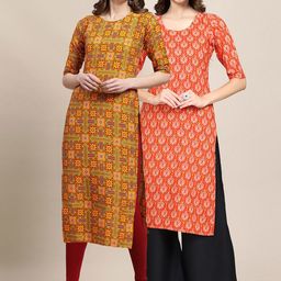 7threads KALINI Women Pack of 2 Yellow & Orange Ethnic Motifs Printed Summer Sheers Crepe Kurta-picture-41