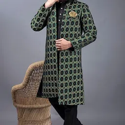 xepon Stylish Ethnic Wear Stand Collar Full Sleeve Black Kurta Pajama with Long Jacket Set image 4