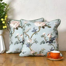 Clasiko Blue & White 2 Pieces Floral Cotton Square Cushion Covers-picture-33