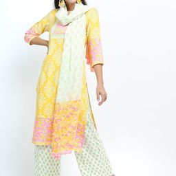 Vishudh Women Yellow Floral Printed Straight Kurti with Trousers & Dupatta-picture-42