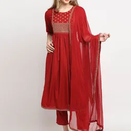 Roly Poly Women Maroon & Gold-Toned Yoke Design Kurta with Trousers & Dupatta-image-10