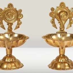 t-ka108 Purity of Homes Shanku Chakra kuber Diya Diwali Decoration Item for Home Decor Brass (Pack of 2) Table Diya Set image 2
