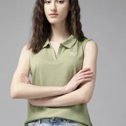 roadster Women Solid Polo Neck Pure Cotton Dark Green T-Shirt-picture-21