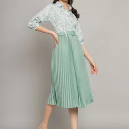 zwerlon Women A-line Light Green, White Midi/Calf Length Dress image 3