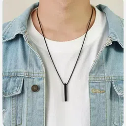 whitechimes Unisex Cube 3D Vertical Bar Pendant Black Drop Locket with Ball Chain Silver Stainless Steel Pendant-picture-23