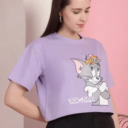 dreambe Women Graphic Print Round Neck Cotton Blend Purple T-Shirt image 4