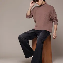 roadster Men Self Design High Neck Brown Sweater image 5