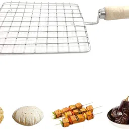 mapperz Kitchen Square Stainless Steel Roaster Jali, Barbecue Grill with Wooden Handle Kitchen Tool Set image 3