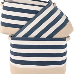 kuber industries Cotton (Set of 9) Cosmetic Dressing Table Organizer | GM-30-BLU | White & Blue Stripe Storage Basket image 2