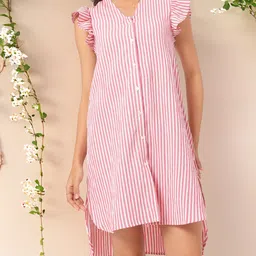 DressBerry Rich Textures Ruffled Trim High Low Striped Shirt Dress-picture-37