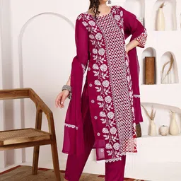 KALINI Floral Embroidered Chikankari Georgette Straight Kurta With Trousers & Dupatta image 2