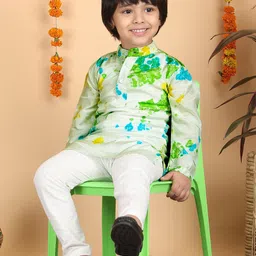 Polka Tots Boys Printed Band Collar Pure Cotton Straigt Kurti with Pyjamas image 3