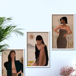 SAF 3-Pcs Beige & Black Abstract Women Painting Wall Art-image-79
