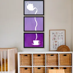 999Store 3 Pcs Purple & White Teapot With Cup UV Coating Painting Framed Wall Art-picture-33