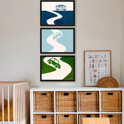 999Store Blue And Green 3 Pieces Cable Car With Nursery Cars Canvas Wall Painting-image-9