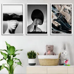 Aura White & Black 3 Piece Wood Abstract Wall Paintings-picture-23