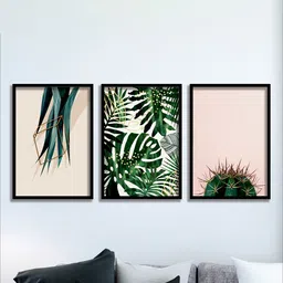 SAF Green & Beige 3 Pieces Tropical Leaves Painting Waterproof Wall Arts-image-81