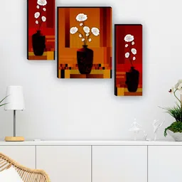 SAF Brown & White 3 Pieces Flower Pot UV Textured Paintings Wall Art-picture-19