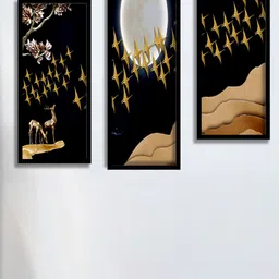 SAF Black & Beige 3 Pieces Deer And Birds Painting Water Proof Wall Arts-picture-19