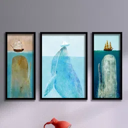 SAF Blue & White 3 Pieces Boat & Whale Painting Framed Waterproof Wall Arts-picture-37