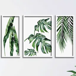 SAF White & Green 3 Pieces Tropical Leaves Printed UV Coating Wall Art-picture-29
