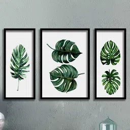 SAF 3 Pieces Green & White Tropical Leaves Painting Wall Art-image-85
