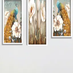 SAF Blue & Pink 3 Pieces Peacock & Flower Painted UV Coating Wall Arts-picture-26