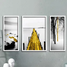 SAF White & Yellow 3 Pieces Water Bridge & Tree Painted UV Coating Wall Art-image-5