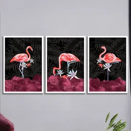SAF Pink & Black 3 Pieces Flamingo Painting Framed Wall Art-image-81
