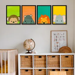 999Store Green & Yellow 4 Pieces Monkey Elephant Lion Painted Framed Wall Arts-picture-24