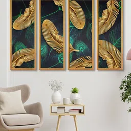 999Store Set of 4 Golden Leaves Feathers Canvas Art Wall Painting-image-0
