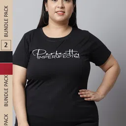 UnaOne Plus Size Pack of 2 Typography Printed Pure Cotton Slim Fit T-shirts-picture-11