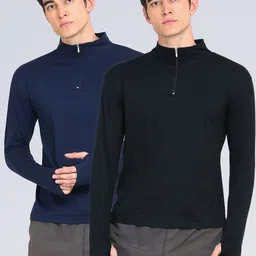 appulse Men Pack of 2 Black & Navy Blue 1/4 Zipper Hi Neck Thumbopen Slim Fit T-shirt image 1