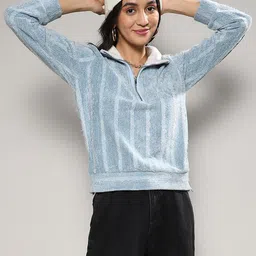 Campus Sutra Striped High Neck Half Zipper Pullover Sweatshirt-picture-34
