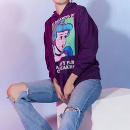 Disney by DressBerry Purple & White Cinderella Printed Hooded Cotton Pullover Sweatshirt-picture-32