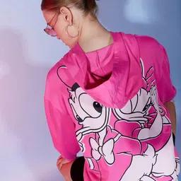 Disney by DressBerry Pink & Black Donald Duck Printed Hooded Cotton Pullover Sweatshirt-picture-37