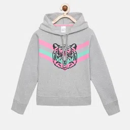 mackly Girls Grey Melange Printed Hooded Sweatshirt-image-96