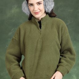 Tokyo Talkies Olive Green Mock Collar Crop Pullover Sweatshirt-picture-20