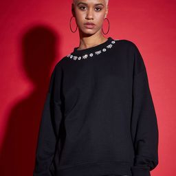 SASSAFRAS Black Floral Embellished Round Neck Cotton Pullover Sweatshirt-picture-34