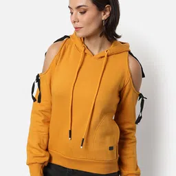 Campus Sutra Women Yellow Hooded Sweatshirt-image-2