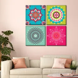 999Store Set Of 4 Blue and Pink Floral Printed Canvas Mandala Wall Art-image-22