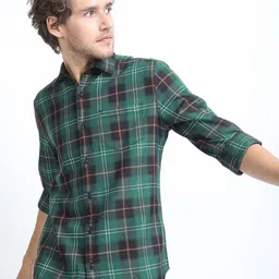 HIGHLANDER Men Green Slim Fit Tartan Checks Checked Casual Shirt-image-38
