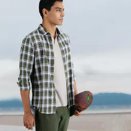 Lee Men Olive Green Classic Slim Fit Tartan Checked Casual Shirt-picture-25