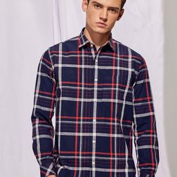 Red Flame Tartan Checks Spread Collar Long Sleeves Casual Shirt-picture-45