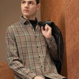 Locomotive Premium Men Khaki Relaxed Fit Dobby Textured Checked Shirt-picture-10