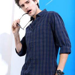 HIGHLANDER Men Navy & Brown Slim Fit Checked Casual Shirt-picture-18